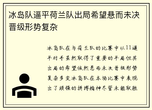冰岛队逼平荷兰队出局希望悬而未决晋级形势复杂