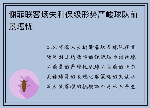 谢菲联客场失利保级形势严峻球队前景堪忧