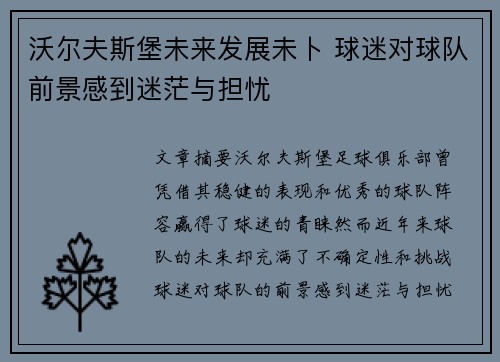 沃尔夫斯堡未来发展未卜 球迷对球队前景感到迷茫与担忧